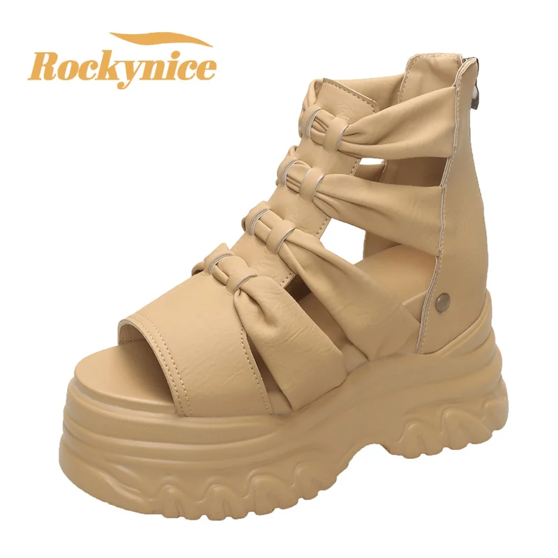 

Women's Thick Bottom Sandals Summer New 2025 Soft Leather High Top Peep Toe Sneakers 10CM Hollow out Wedge Heels Beach Sandalias