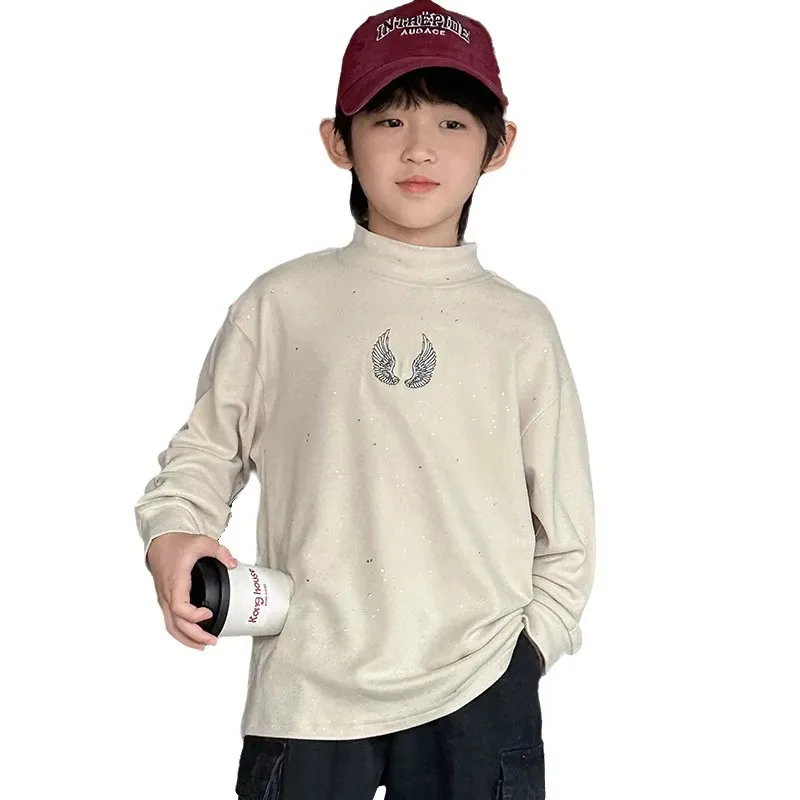 

Korean Style Kids Boy Autumn Slim T-shirt with Angel Wings Long Sleeve Cotton Tshirt Child Beige Color Indoor Tee Tops For Teens