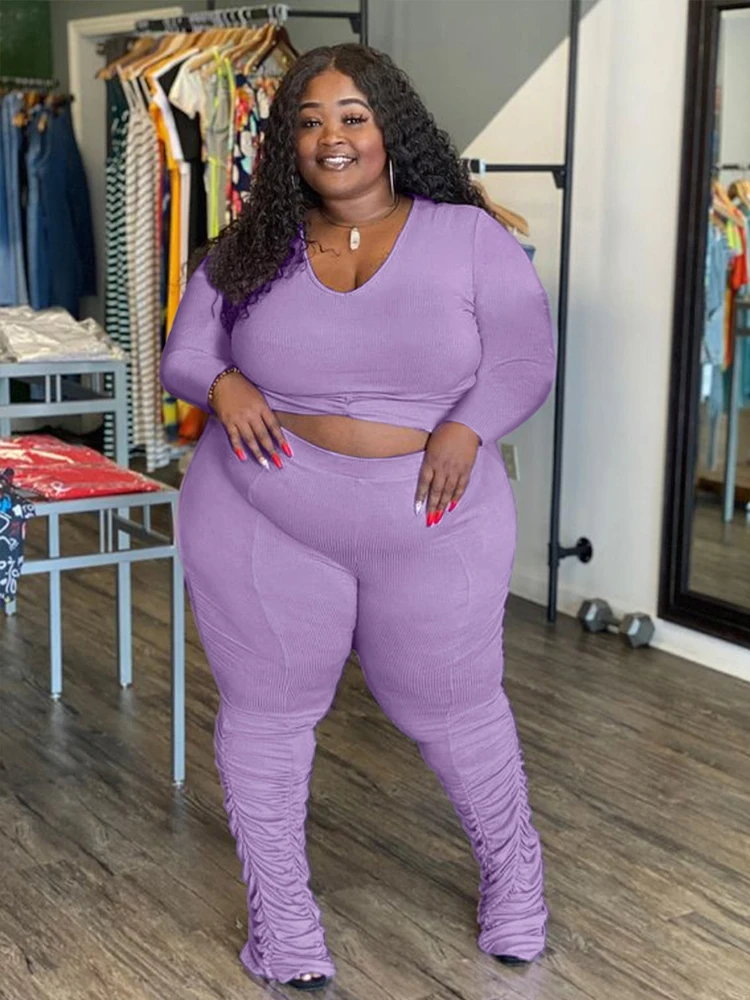 2 Piece Sets Women Outfit Long Sleeve Top and Pants Set Purple Knit Set Tight Sexy Plus Size Outfits Wholesale Dropshipping