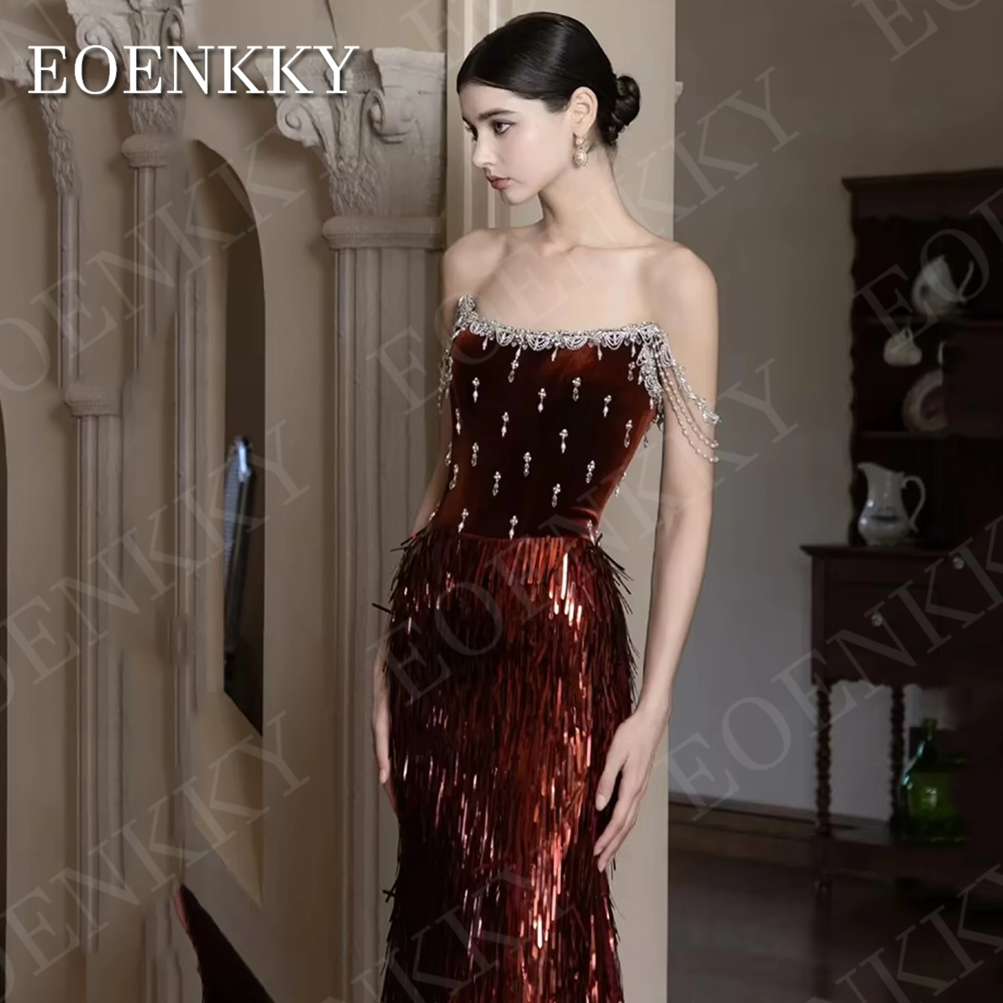 EOENKKY Saudi Arabia Mermaid Evening Dresses Luxury Crystal Off Shoulder Pageant Dress Detachable Train Prom فستان سهرة نسائي