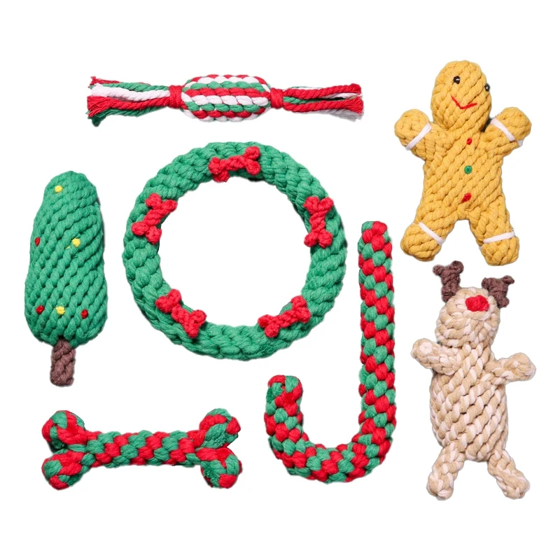 7 Pieces Christmas Set Pet Cotton Rope Toys Teeth Cleaning Dog Rope Toys Christmas Chewing Training Toys