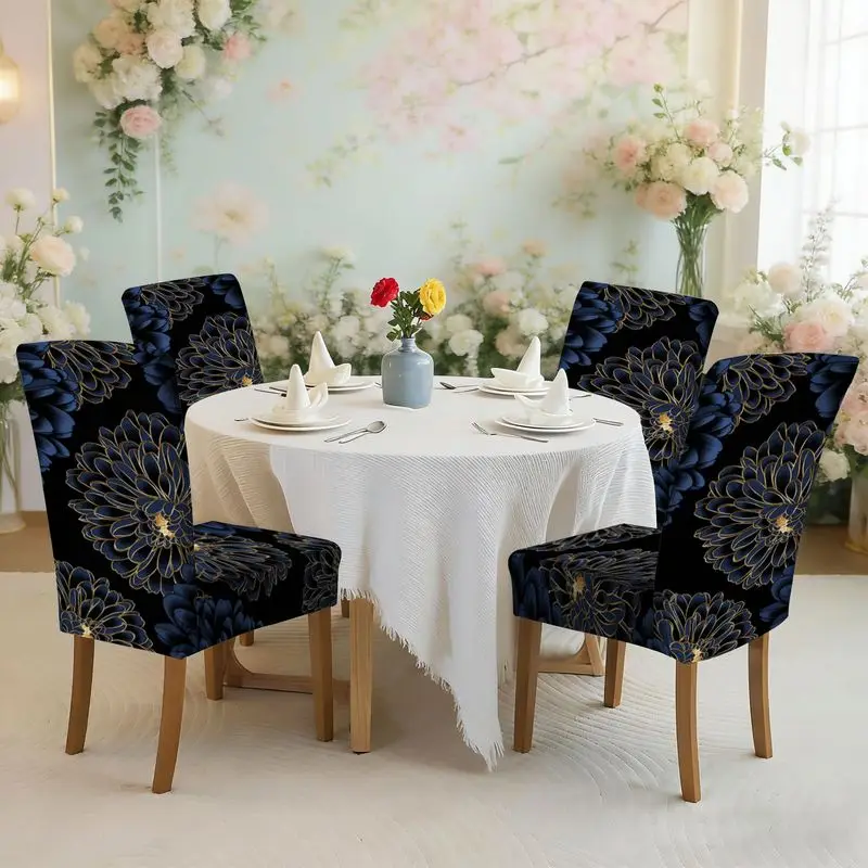 

Набор чехлов для обеденных стульев с принтом, эластичные, черный фон, узор темно-синих хризантем, чехол для стула
