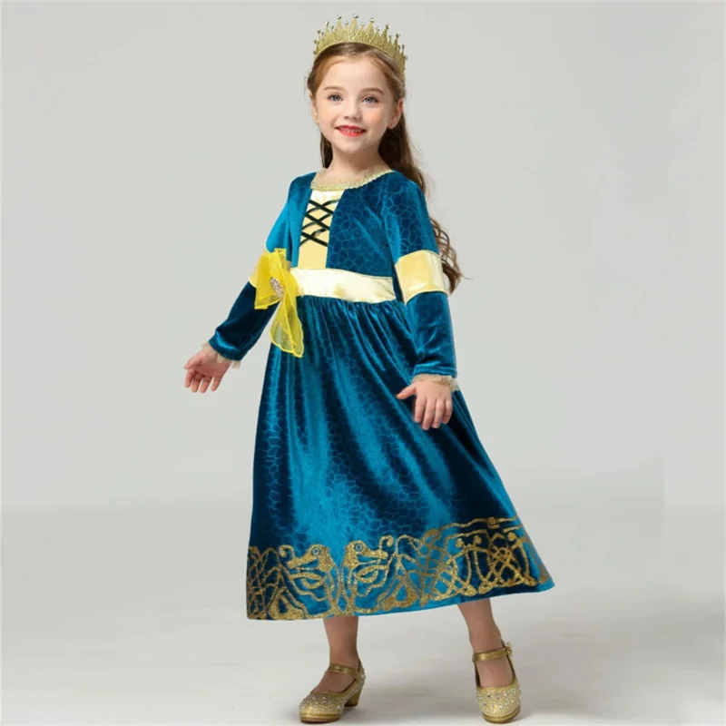 Halloween mutige Verkleidung Kinder Mädchen voller Ärmel Königin Merida Prinzessin Kleid Accessoires Phantasie Mädchen Geburtstags feier Kostüm