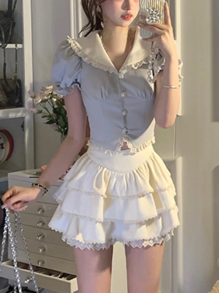 Giapponese Lolita Kawaii due pezzi Set donna pizzo francia dolce torta gonna vestito femminile coreano manica a sbuffo camicette + minigonna 2023