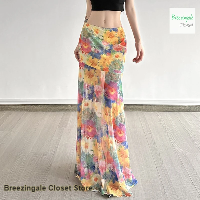 Summer oil painting color romantic temperament skirt female American spice girl wind island holiday beach skirt long skirt