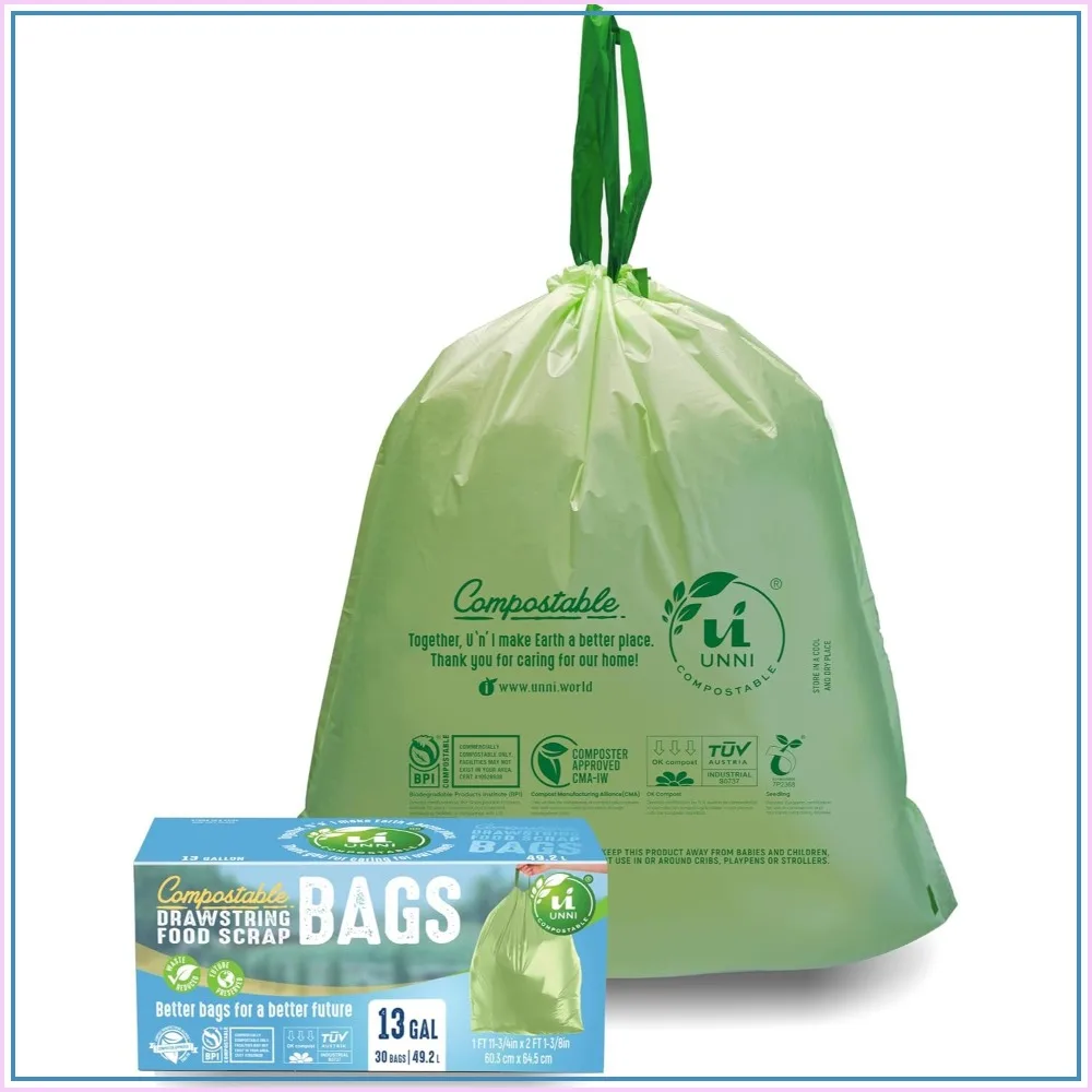 

13 Gallon Compostable Drawstring Bags, 30 Count, Heavy Duty 1 Mil, ASTM D6400 & OK Compost HOME Certified