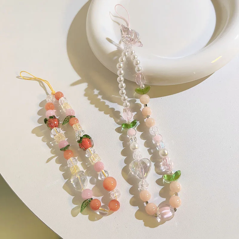 Peach Beaded Mobile Phone Charm Strap Chain Lanyard Women Sweet Girls Jewelry Pearl Cellphone Flower Lanyard for IPhone Keychain