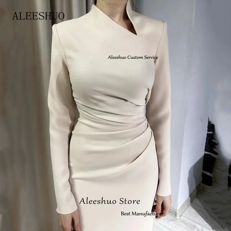 Aleeshuo Muslim Dubai Satin Evening Dresses Long Sleeves Mermaid Prom Dress Pleat High Neck Dress فستان حفلات الزفاف Customized