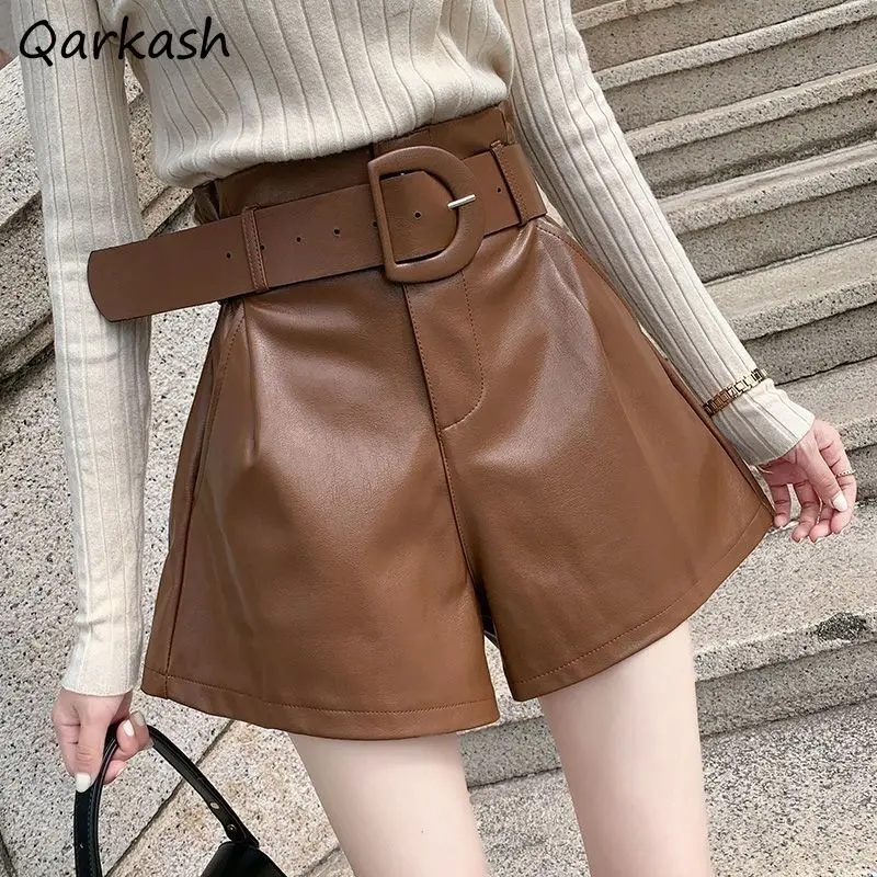 

Women PU Leather Loose Shorts Female Belt High Waist Solid All-match Spring Designer Plus Velvet Fashion Leisure Simple Ladies