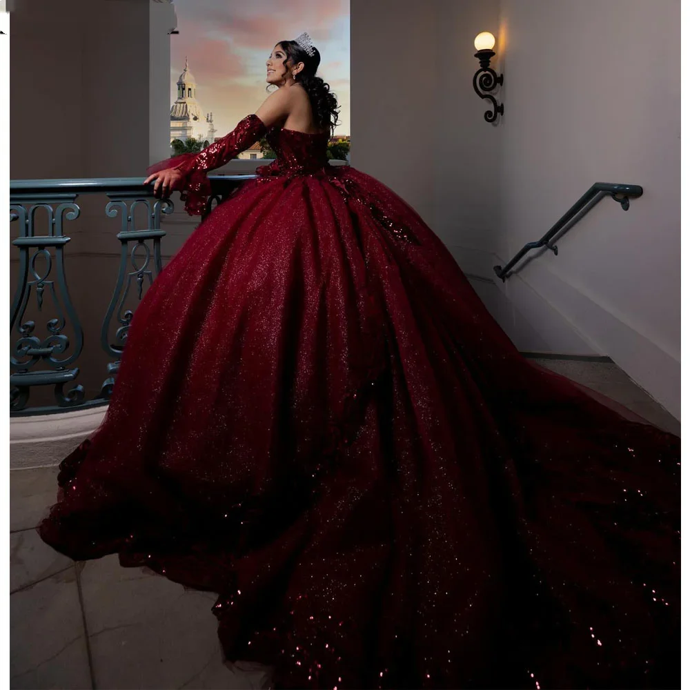 Angelsbridep-vestido de baile Borgoña con apliques de lentejuelas brillantes, vestidos de quinceañera de 15 años, escote corazón de princesa