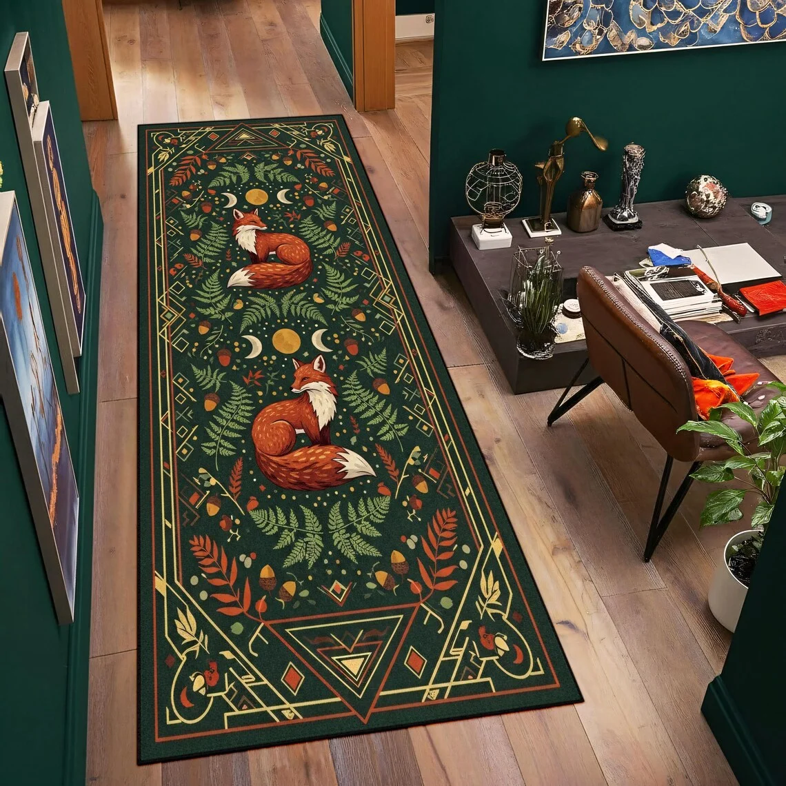 Boho Fox Forest Graphic Runner Rug Moon Phase Fern Print Hallway Mat Non-Slip Welcome Rug for Corridor Kitchen Bedroom