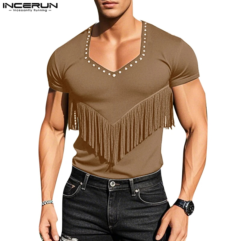 

INCERUN Men T Shirts Solid Color Tassel V Neck Short Sleeve Men Clothing Summer Streetwear 2025 Casual Camisetas S-5XL