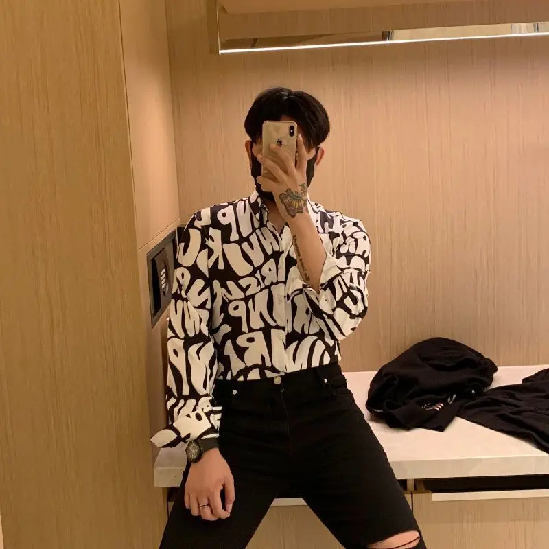 

Long Sleeve Print Shirts Men Japanese Handsome Kpop Stylish Students Teens Harajuku Clothing Popular Fashion New Blouse H102