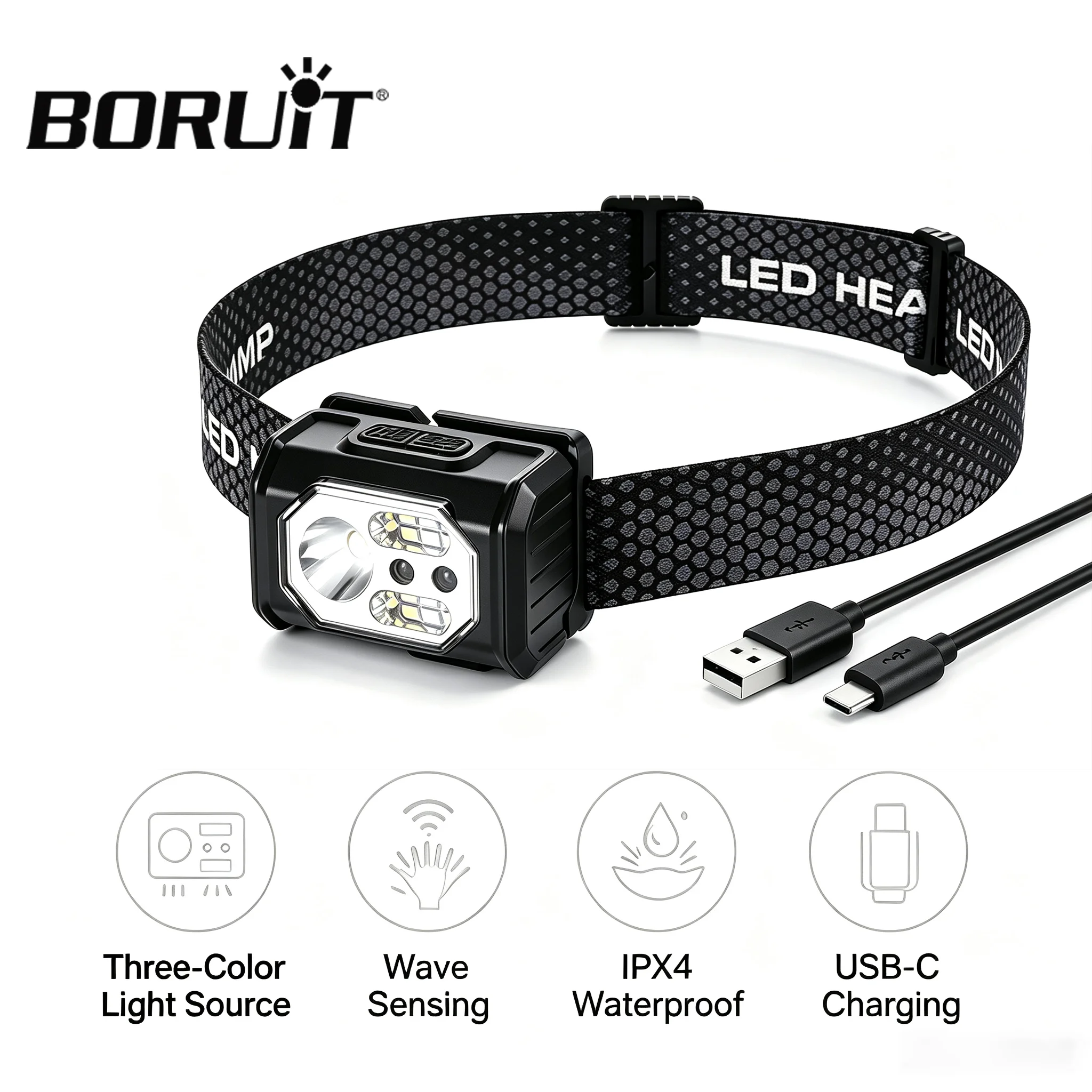 BORUiT LED Induction Headlamp USB Rechargeable 6 Modes IP44 Waterproof Outdoor Head Torch Portable Headlight for Camping Hiking