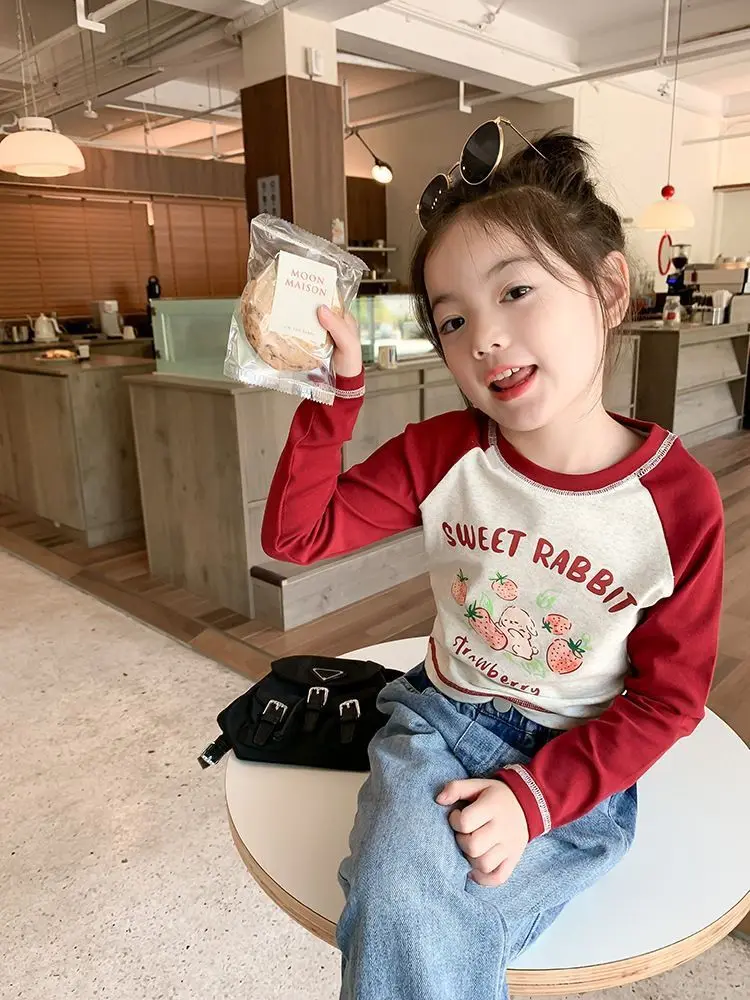 

Весенне-осенняя хлопковая футболка Long Sve ort Sle Base Layer irt для маленьких девочек Faionable Patchwork Color Commute Sle