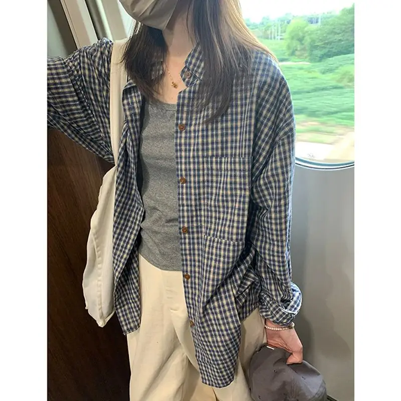 

Deeptown Blue Plaid Vintage Women Shirts Oversized Long Sleeve Korean Fashion Blouses Loose Harajuku Aesthetic Casual Female New