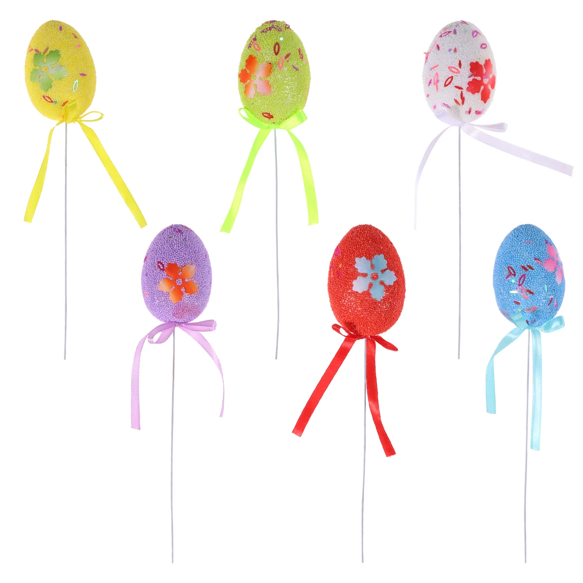 

6 Pcs Easter Egg Decorations Glitter Sequins Bows Home Party DIY Spring Style Basket Picks Plant Pots Flowers Garden