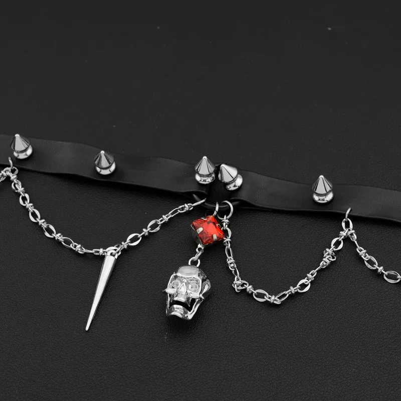 قلادة جلدية على شكل جمجمة داكنة، Y2K قلادة بانك شديدة التحمل ثقافة فرعية سلسلة الترقوة الحلوة المسامير القوطي نمط الشارع مجوهرات الرقبة #3