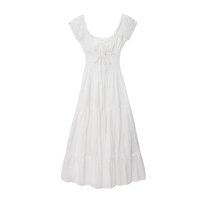 French Style Solid U-Neck Summer Dresses 2025 Women Short Sleeve A-line Casual Beach Boho Holiday Dress Elegant Lady Robe