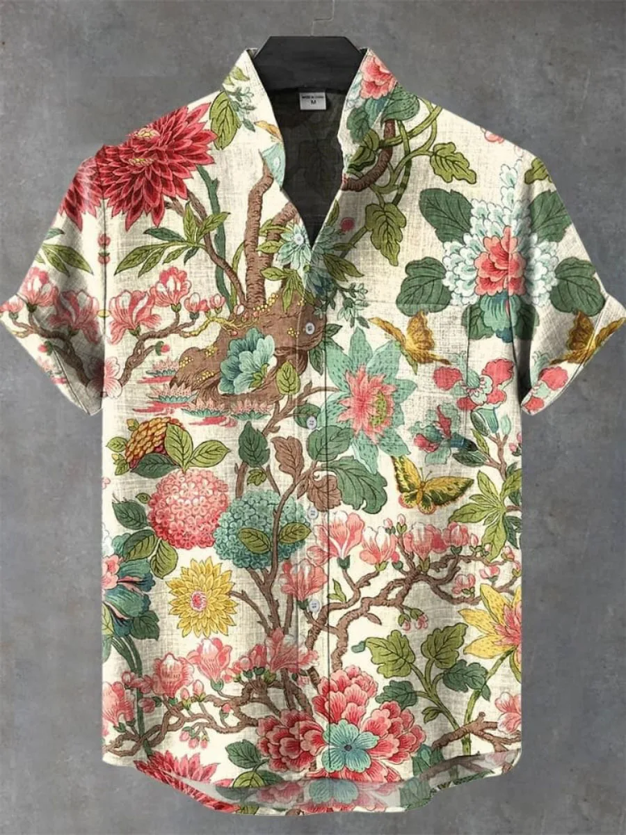 

Men's new vintage ethnic style floral pattern printed summer comfortable linen short-sleeved shirt - great value promotion