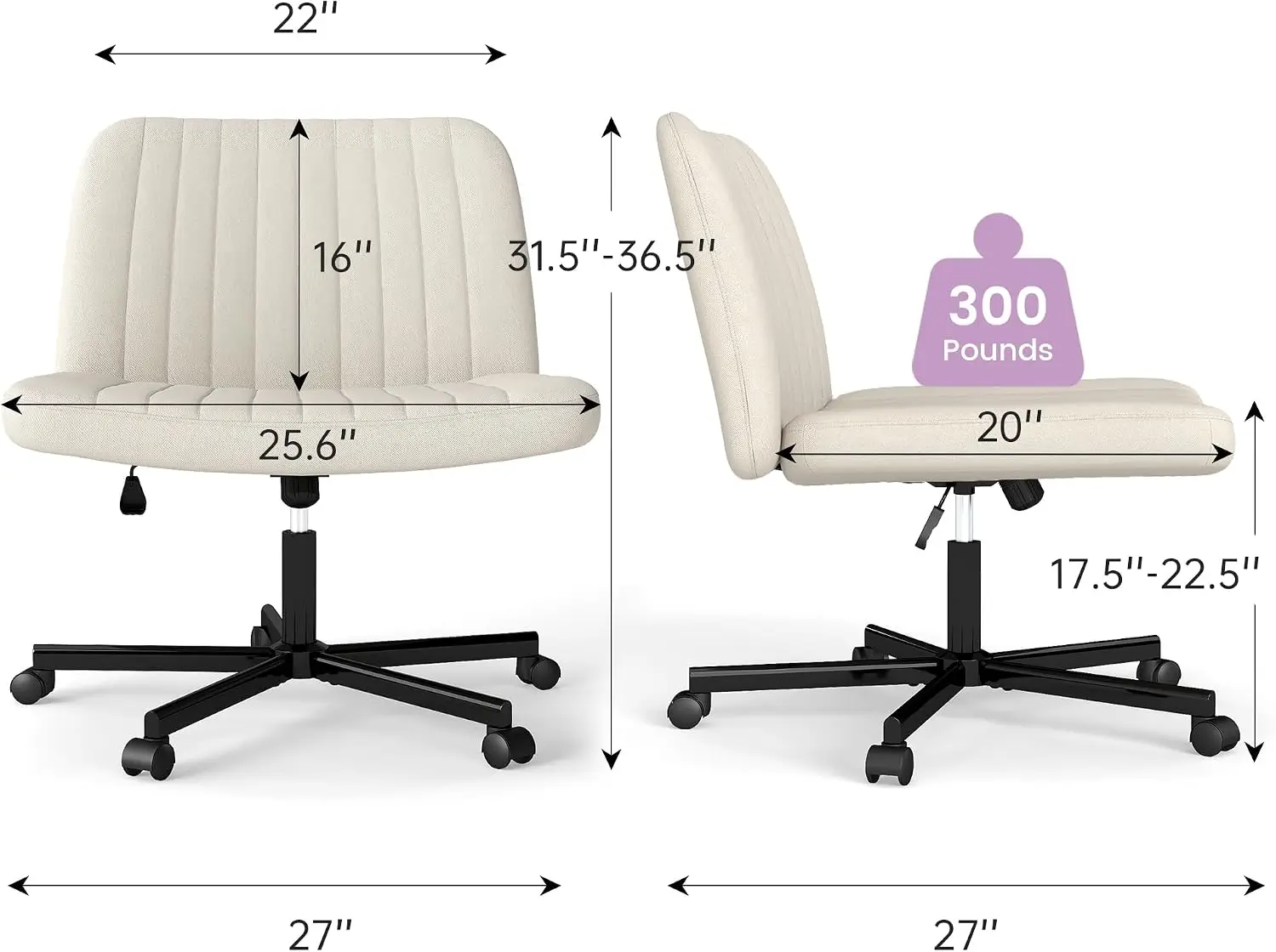 Criss Cross Chair with 5 Wheels & Height Adjustment, Wide Seat for Cross-Legged Sitting, French Twill Cotton, Dense Foam Cushion, 300 lb Capacity