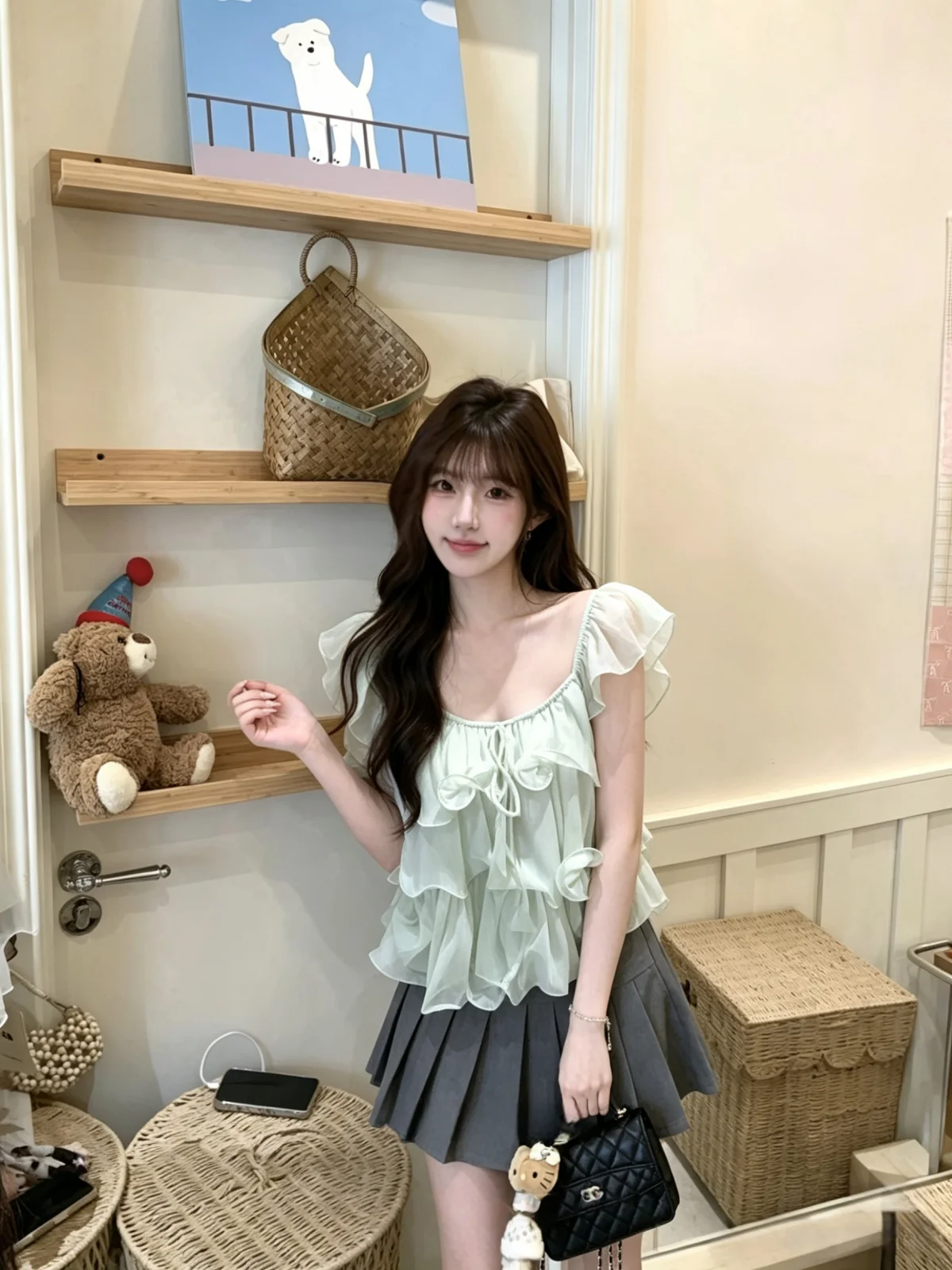 

Sweet Style Green Lace Trim Loose Fit Thin Shirt Women's Summer New Fashion Age Reduction Top Quality Material Chiffon