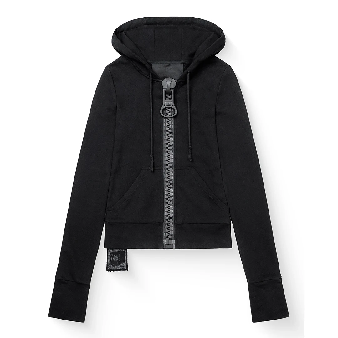 Damen Frühlings- und Herbst-Streetwear Einfarbiger Großer Ring-Zipper Weitgezahnter Reißverschluss Kapuzen-Cardigan Hoodie Gothic Y2K Casual – Detail 6