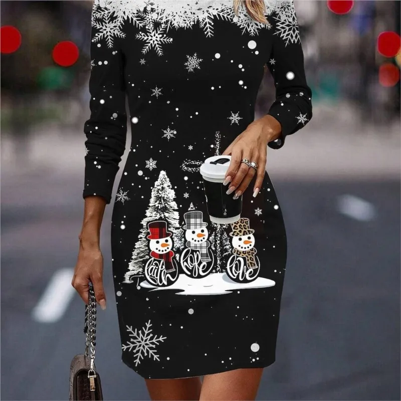 Christmas Style New Women's Dress Outdoor Christmas Outing Round Neck Print Christmas Tree Snowflake Loose Long Skirt Mini Skirt