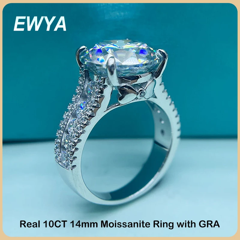 

EWYA Luxury Designer D Color 10CT 14mm Moissanite Engagement Ring for Women Girl S925 Silver Plated PT950 Diamond Rings Band