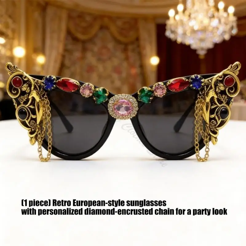 M68A Decorative Sunglasses with Stone Trim Browline, Lightweight Frame and Dark Tint Finish, Statement Party Accessory for