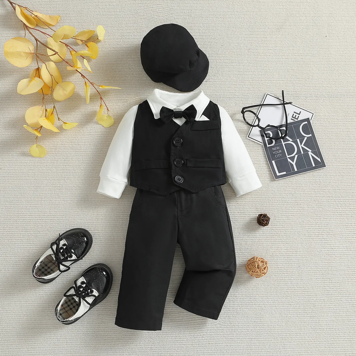 4Piece Spring Autumn Toddler Boy Clothing Korean Fashion Gentleman Tie Bodysuit+Vest+Pants+Hat Newborn Clothes Baby\'s Sets BC782