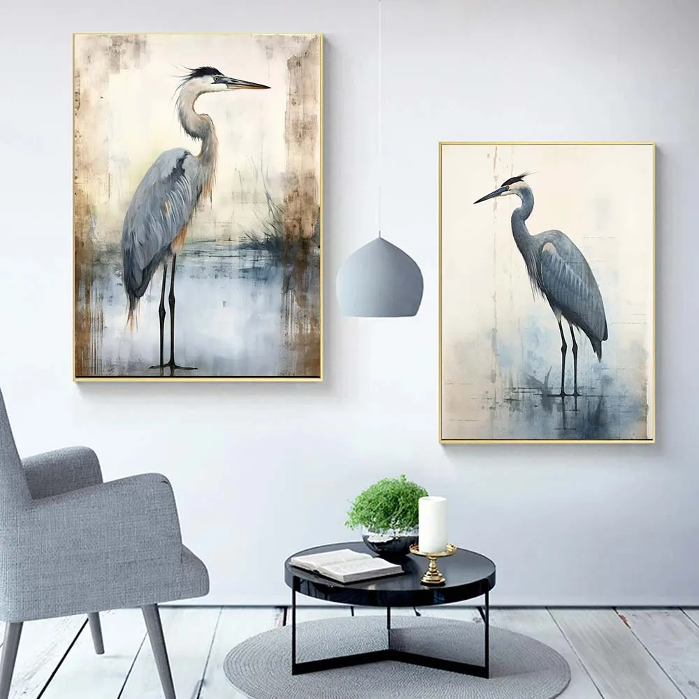 Watercolor Style Retro Blue Heron Minimalist Marsh Bird Art Posters Canvas Painting Wall Prints Pictures Coastal Room Home Decor