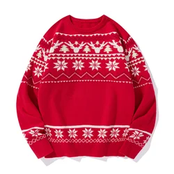 Autumn Winter Round Neck Contrast Color Geometric Men's Clothing Pullover Long Sleeve Sweater Knitted Christmas Casual Tops