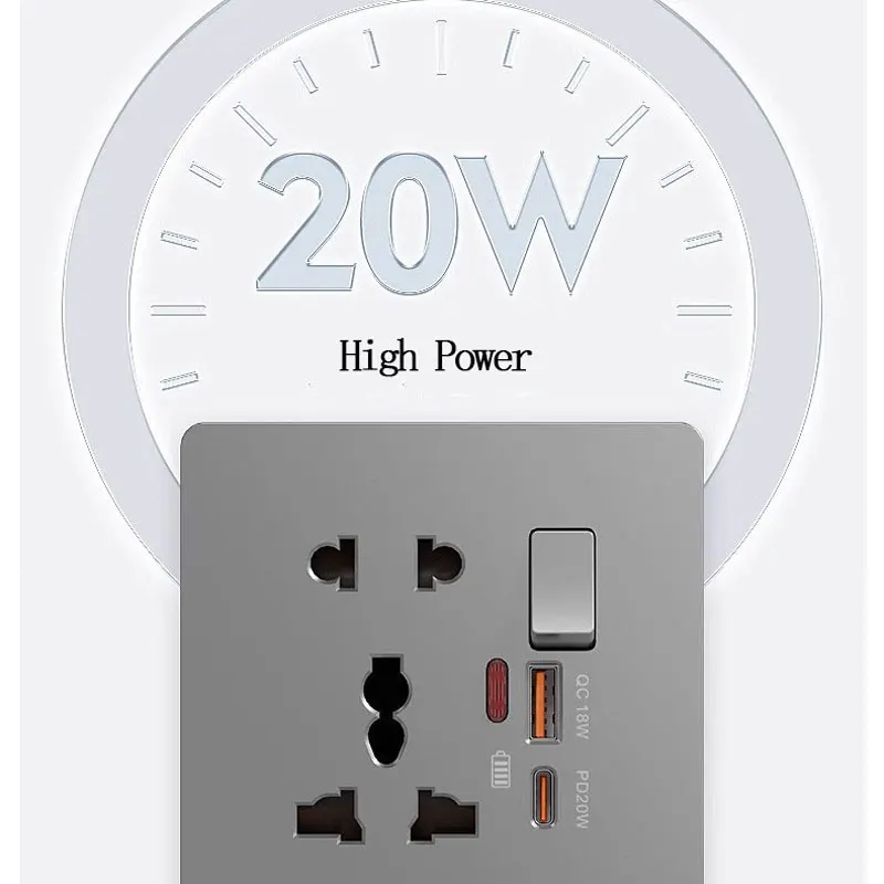 86 Type 16A Multifunctional Five-hole USB + Type-c 20W Fast Charging Socket With Switch Control Universal Three-Hole Socket