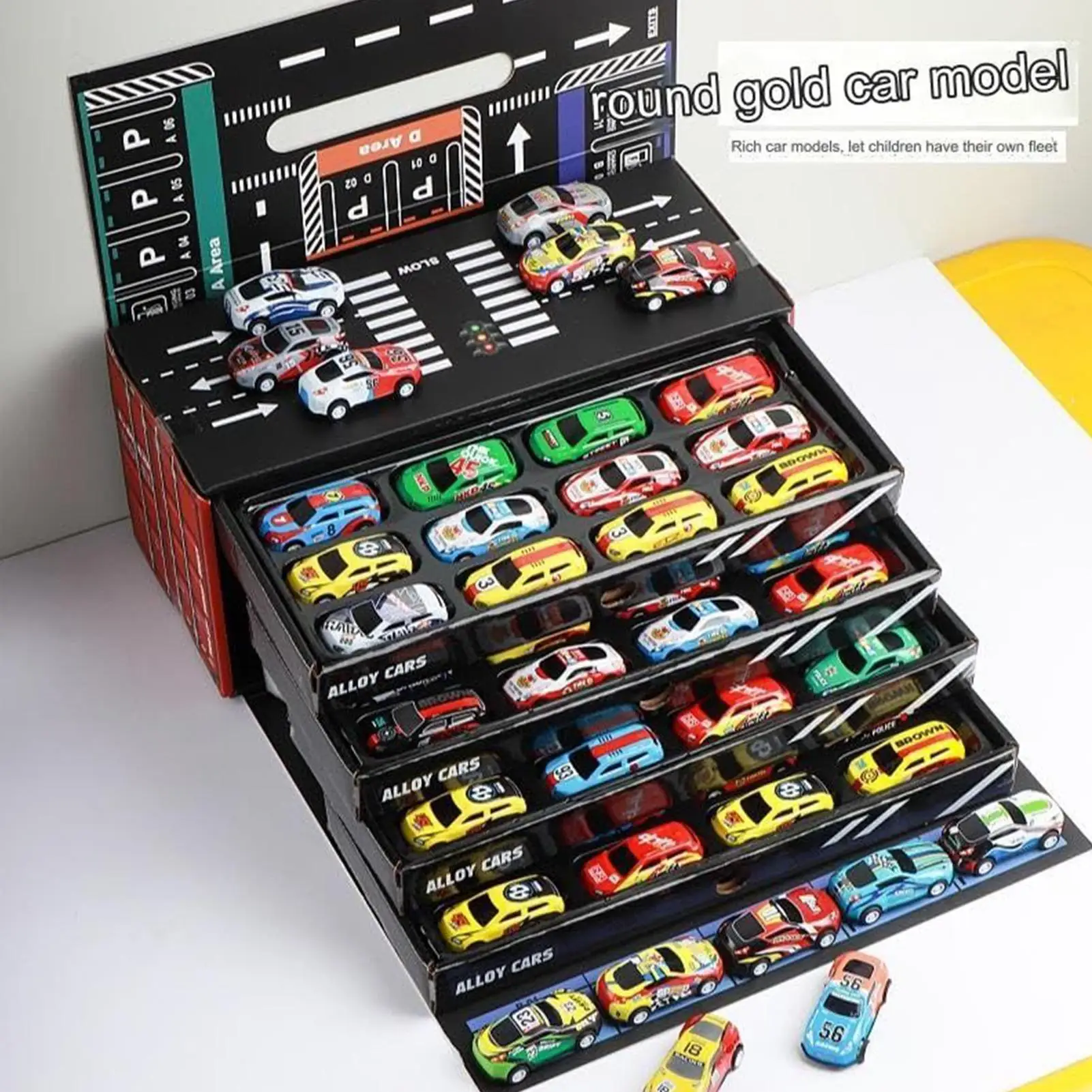 Tirare indietro le auto 48 pezzi Veicolo da gioco con garage incorporato Macchinine pressofuse per bambini Natale Compleanno Viaggi Aula Festa