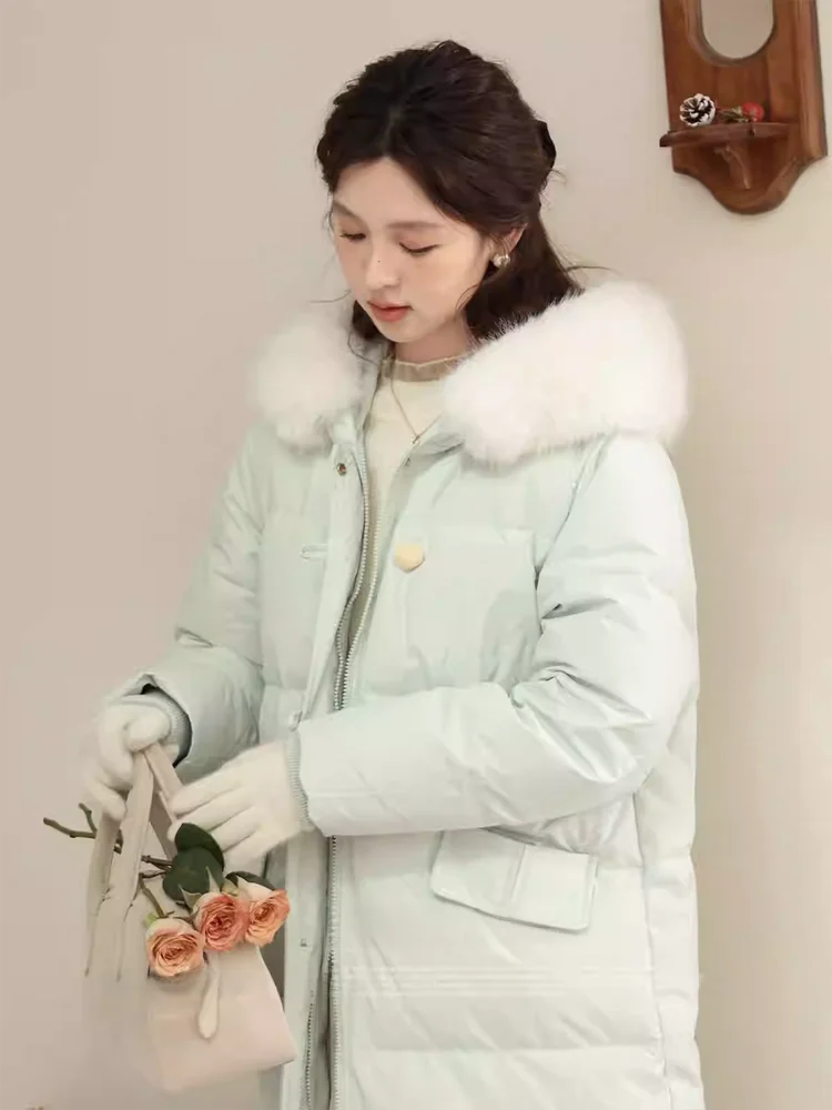 

South Deer Iceland Goose 2025 Winter Women's Mid-Length down Jaet Hooded Fur Collar 90 White Du down Coat Zipper Closure