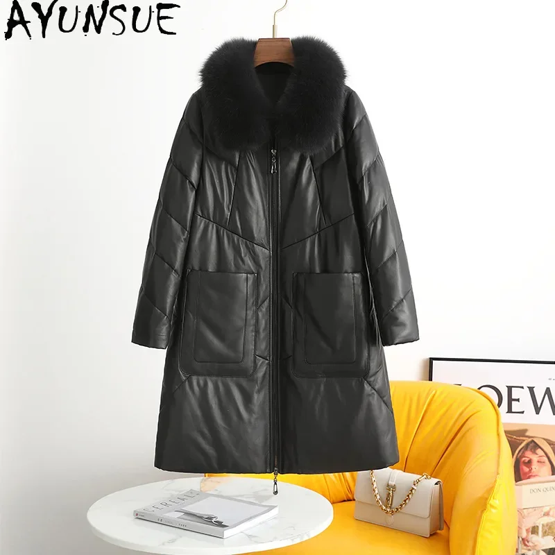 AYUNSUE-Veste en cuir 100% véritable pour femme, manteau en peau de mouton véritable, combinaison en duvet de canard blanc, col en fourrure de renard, hiver 2023