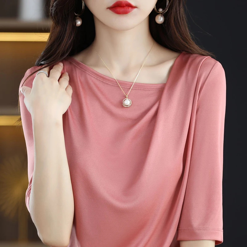 Wrinkled solid color short sleeved vest for women's thin T-shirt quarter sleeved loose pullover irregular collar base shirt