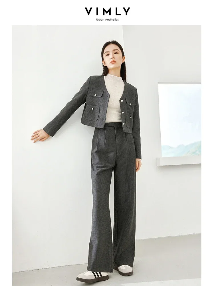 Vimly Simpe Sets for Women 2 Pieces V-neck Thick Cropped Jacket Wide Leg Pant Autumn Office Ladies Elegant Matching Sets M5726