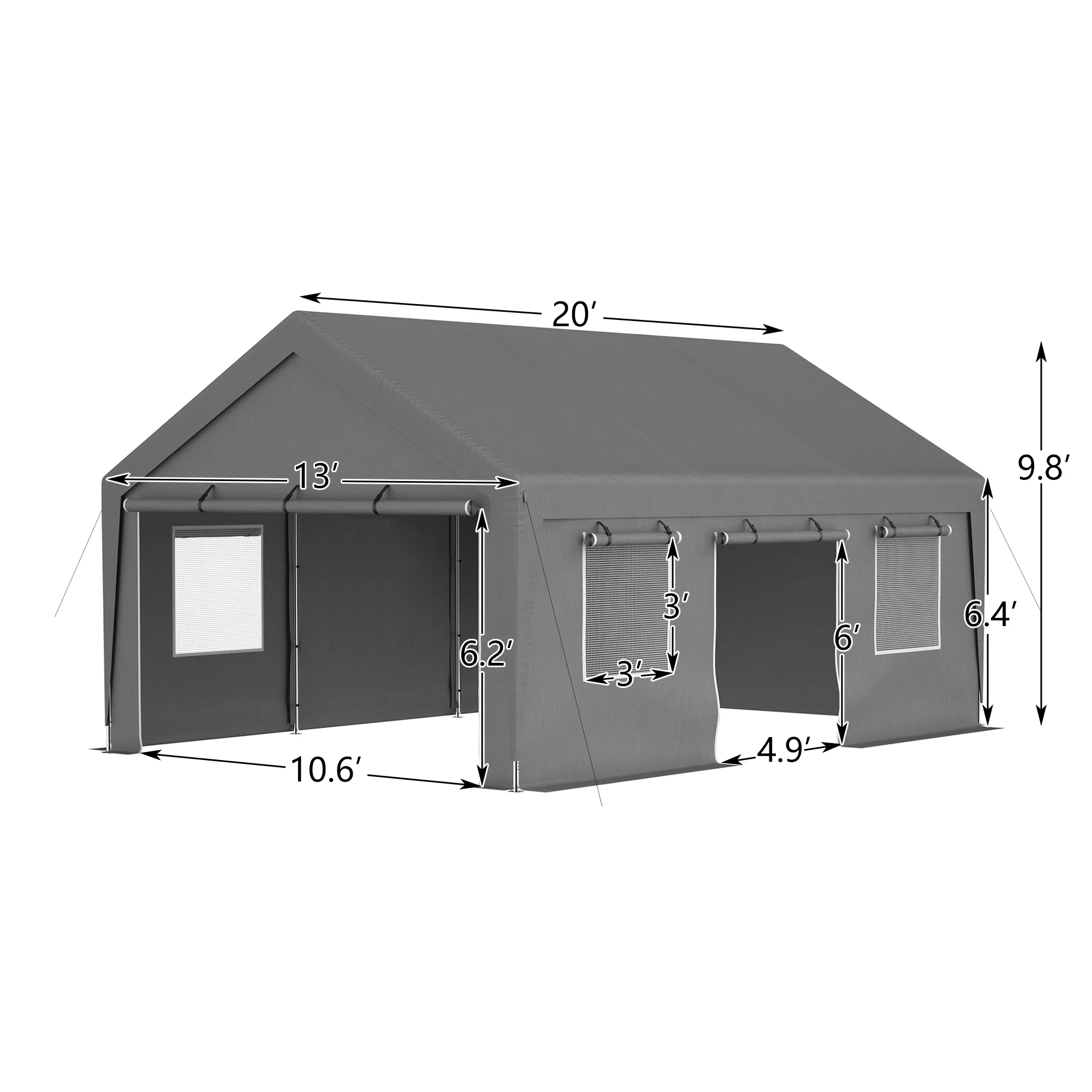 LZBEITEM 13'x20' Heavy Duty Carport Car Canopy Car Boat Shelter with Roll Up Doors & Windows and Removable Sidewalls, Grey