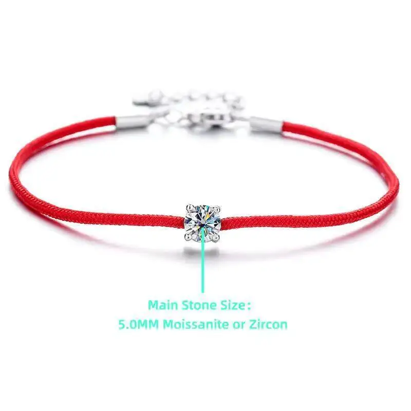 SG 0,5CT D-Farbiger Moissanit Rotes Schnur-Armband S925 Silber Verstellbares Glücksarmband für Damen und Herren – Detail 5