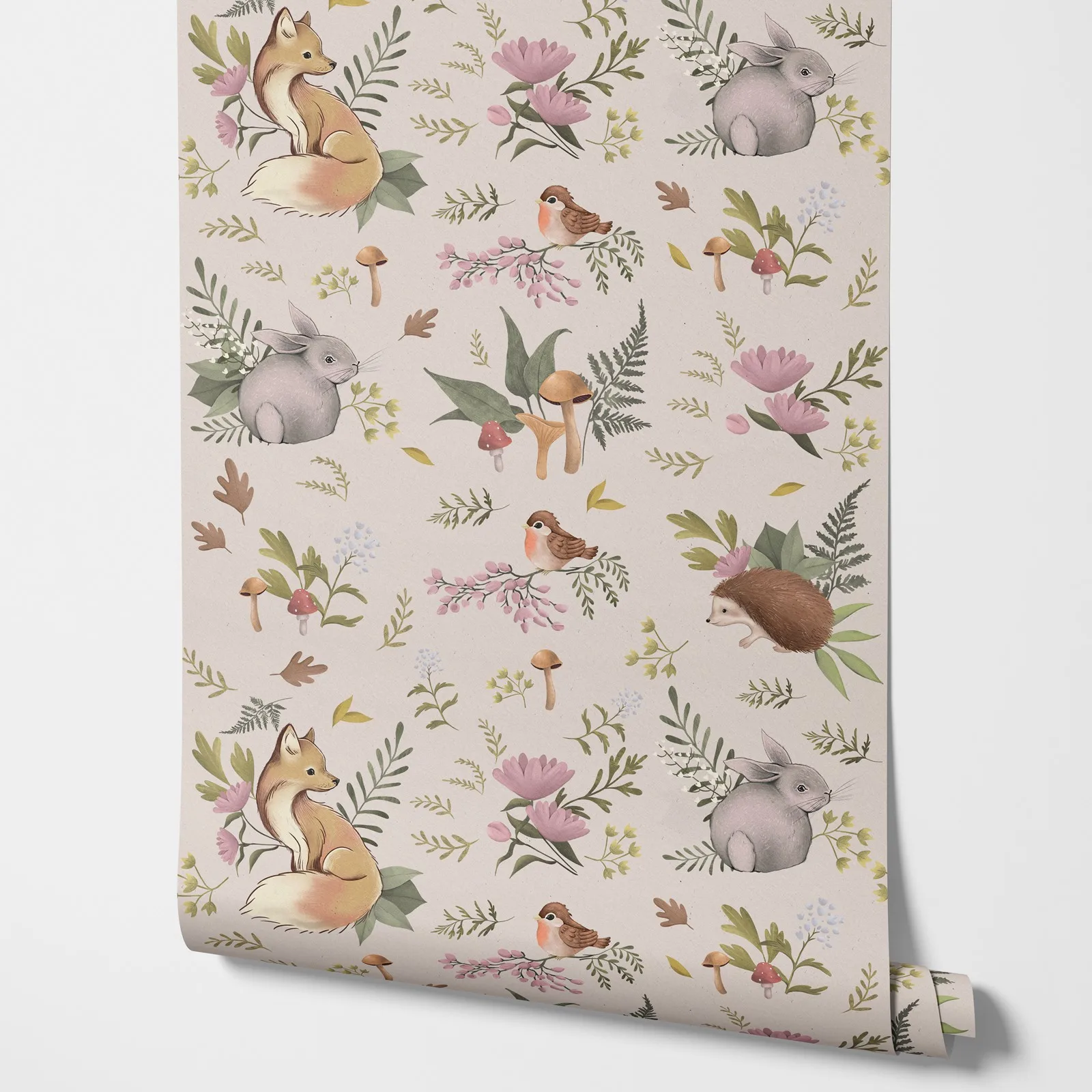 

Nursery Forest Friends Wallpaper with little Fox, Grey Rabbit and Cute birds Playing in floral mushroom forest in Dusty Pink