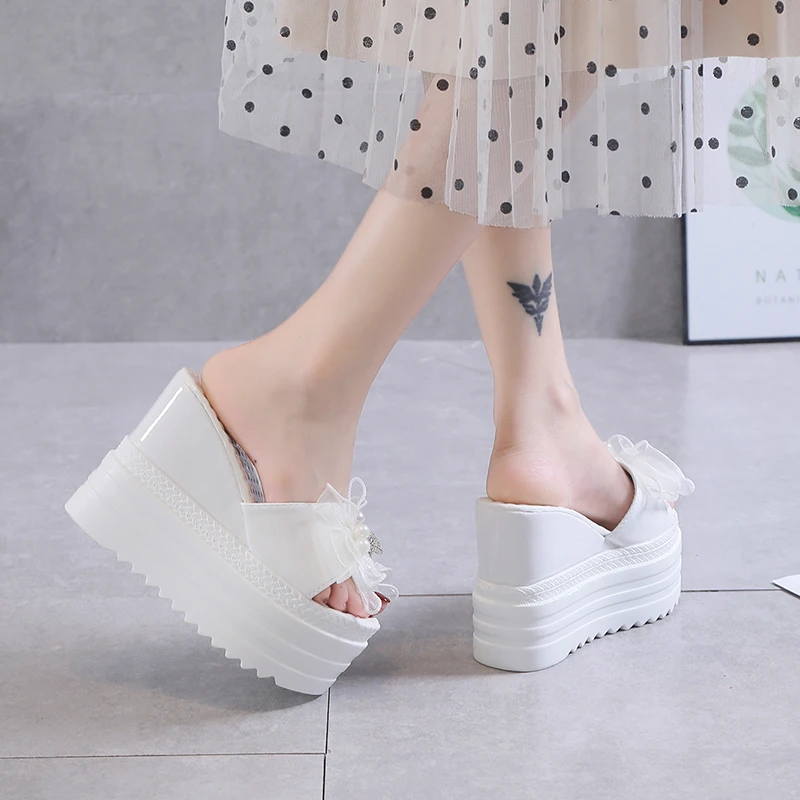 Female Shoes Ladies\' Slippers On A Wedge Women Heels Platform Luxury Slides Butterfly-Knot 2022 High Soft Designer Summer Fashio