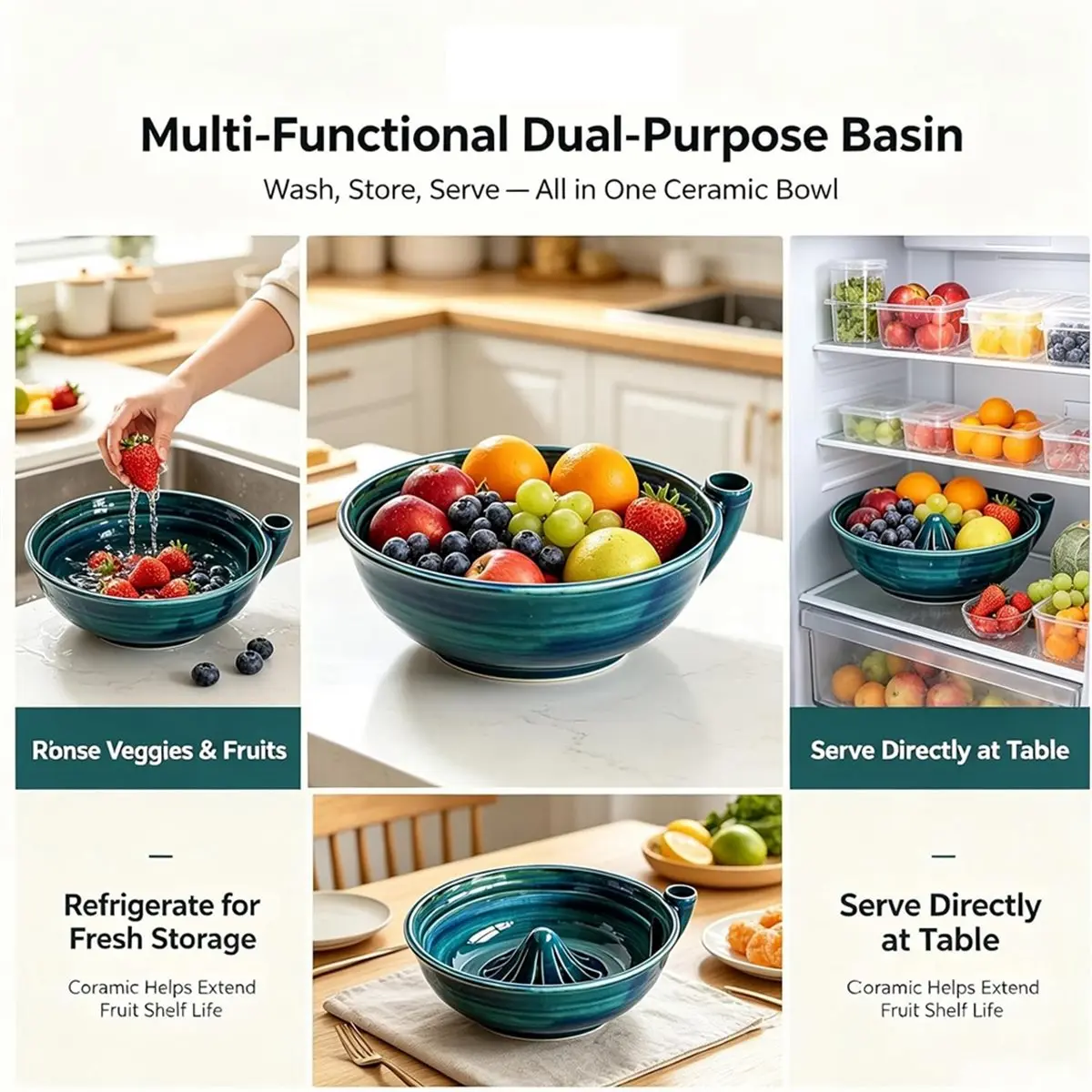 Self Rinsing Berry Washing Ceramic Bowl,Ceramic Berry Basket with Holes,Stoneware Fruit Rinse Bowl,for Kitchen Counter