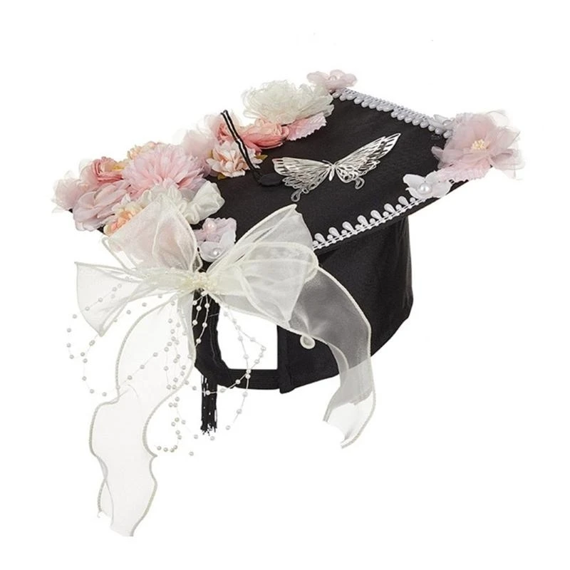 X7XB Teens Academic Hat with Flower for Academies Souvenirs Caps for Graduation Ornaments Graduation Hat Headmaster Hat