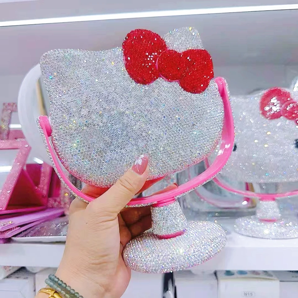 Desktop Makeup Mirror with Rhinestones Cartoon Cat Makeup Vanity Portable Vanity Handheld Make Up Mirror for Women Birthday Gift