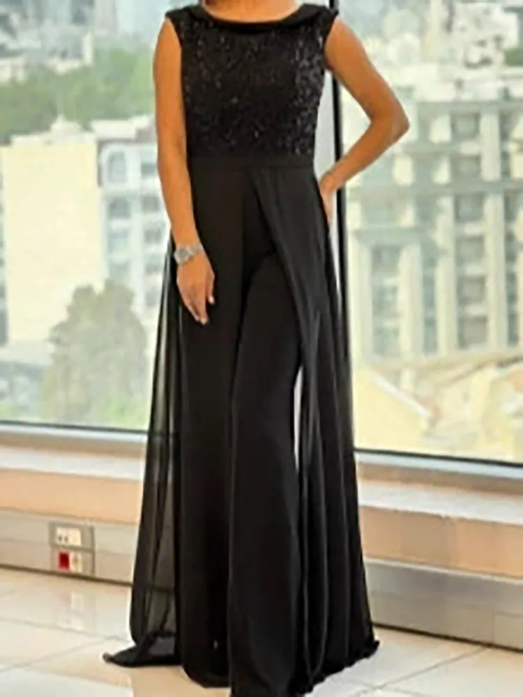 

Темпераментные сетчатые плиссированные женские комбинезоны с высокой талией, элегантные однотонные комбинезоны, модные комбинезоны без рукавов с круглым вырезом и блестками