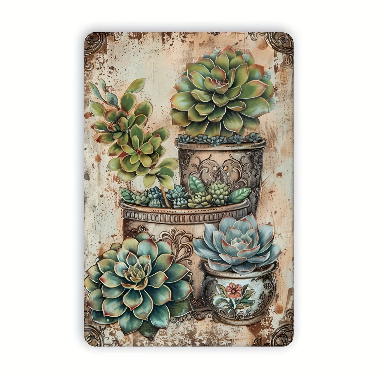 Vintage Succulent Plants Metal Wall Art - 20.32x30.48 cm Rustic Iron Engraved Decor with Pansy & Succulent Design, Distressed Wh