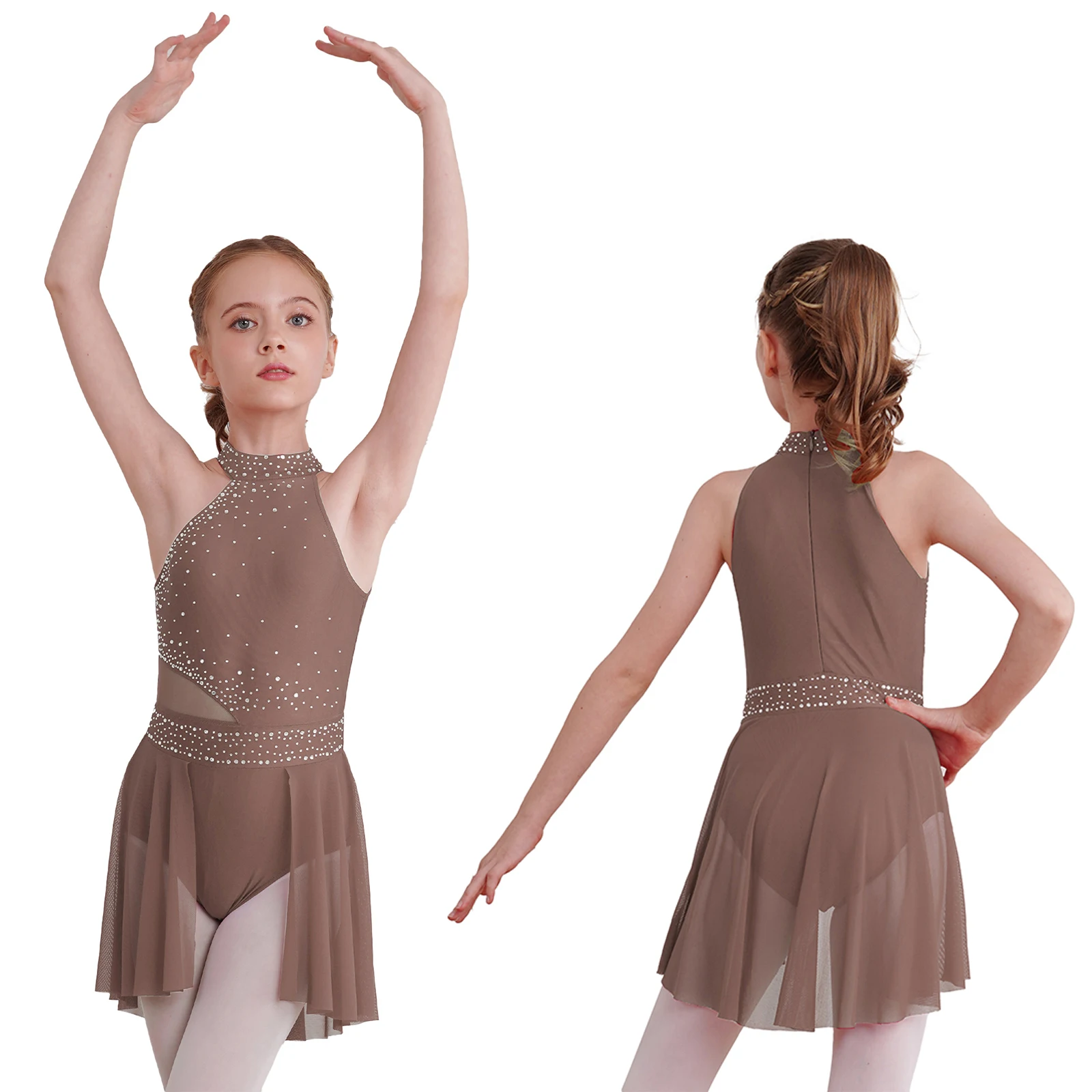 Kids Girls Glittery Rhinestones Leotard Dress Irregular Hem Sleeveless Lyrical Dance Performance Dresses