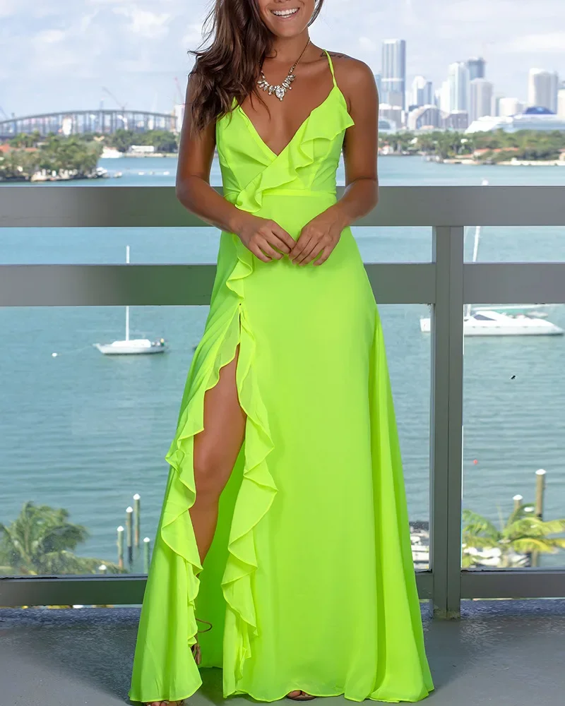 New Fashion Women Elegant Spaghetti Strap Ruffle Hem High Split Sexy Backless Lace Up Maxi Beach Vacation Dresses